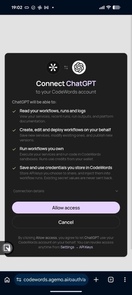 CodeWords OAuth screen to allow ChatGPT access