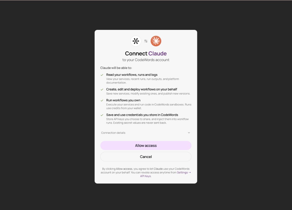 CodeWords OAuth screen to allow Claude access