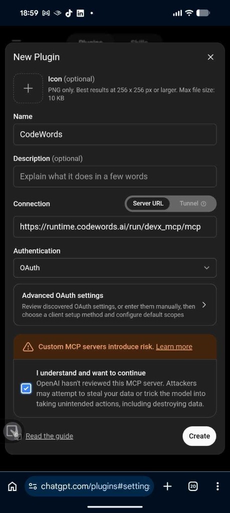 New Plugin form with CodeWords server URL and OAuth